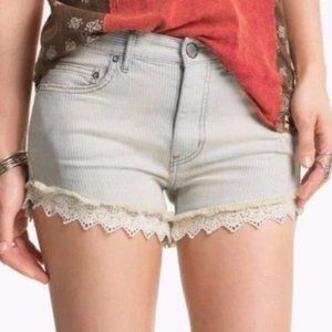 Lace Trim Railroad Stripe Jean Shorts